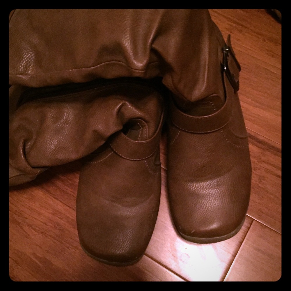 Brown long boots with strap